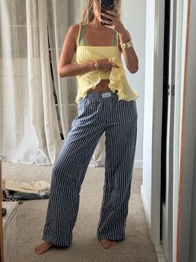 Whitefox Striped Wide-Leg Cotton Pants in Navy/blue